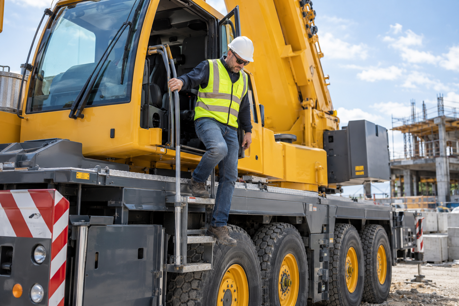 Crane operator in hard hat and safety vest stepping down out of a mobile crane cab